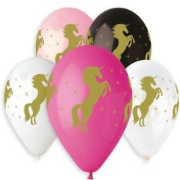 בלוני לטקס מודפס חד קרן זהב 5 יחידות