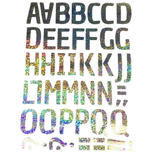 מדבקות לבלונים - אותיות ומספרים אנגלית בכסף הולוגרמי