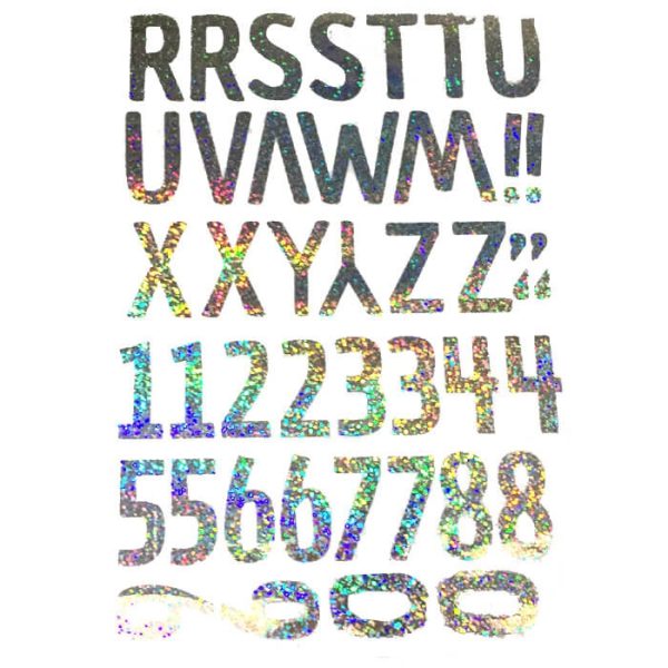 מדבקות לבלונים - אותיות ומספרים אנגלית בכסף הולוגרמי