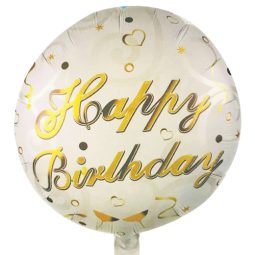 בלון הליום עגול Happy Birthday זהב לבן