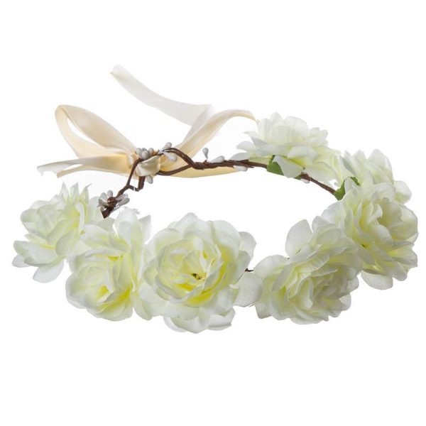 זר פרחים לראש - לבן קרם