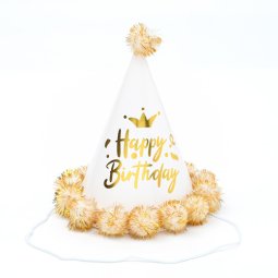 כובע יומולדת לבן זהב עם פונפון